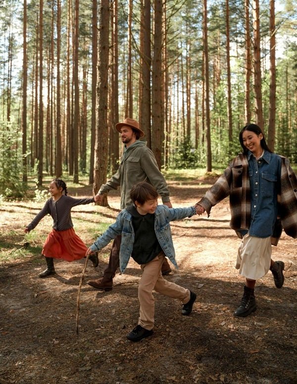 A Family Hiking in the Forest